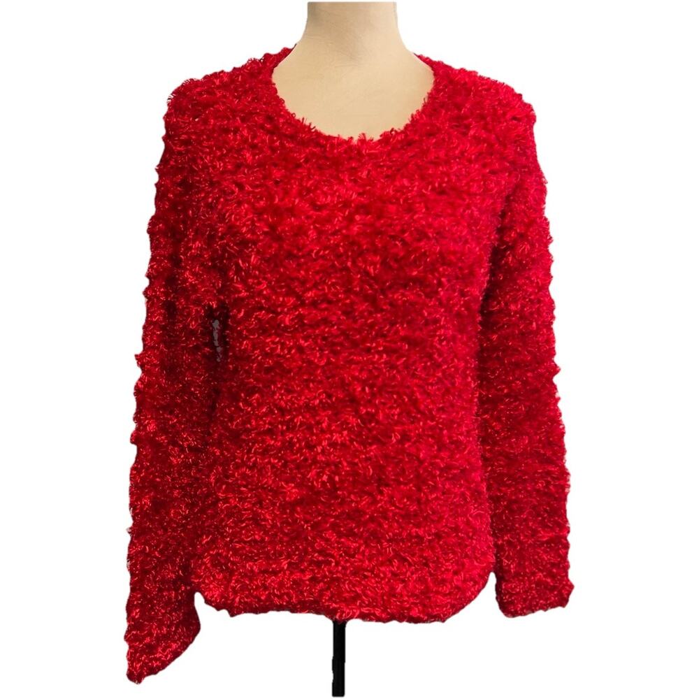 Vintage Cherry Red Sweater Large Fuzzy Silky Eyelash‎ Shaggy 90s Y2K Whimsical